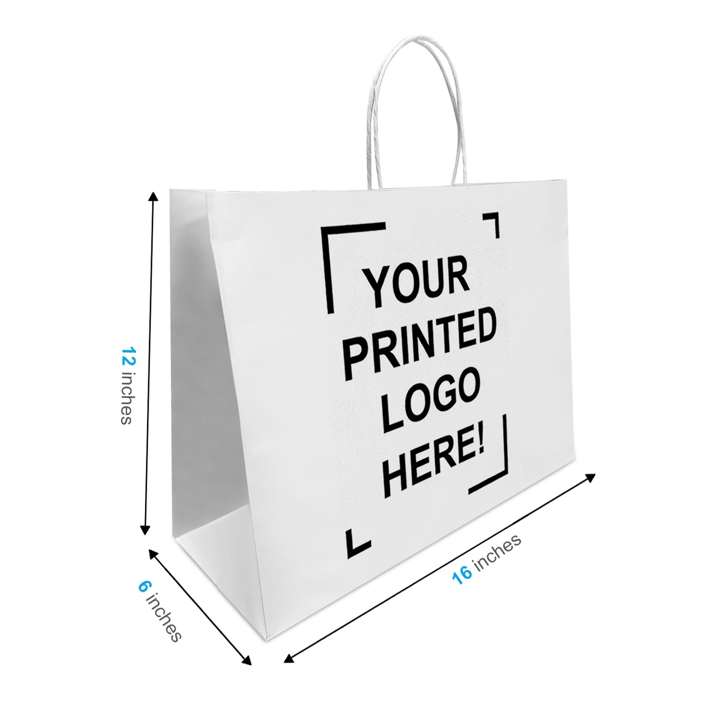 250 Pcs, Vogue, 16x6x12 inches, White Kraft Paper Bags, with Twisted Handle, Full Color Custom Print