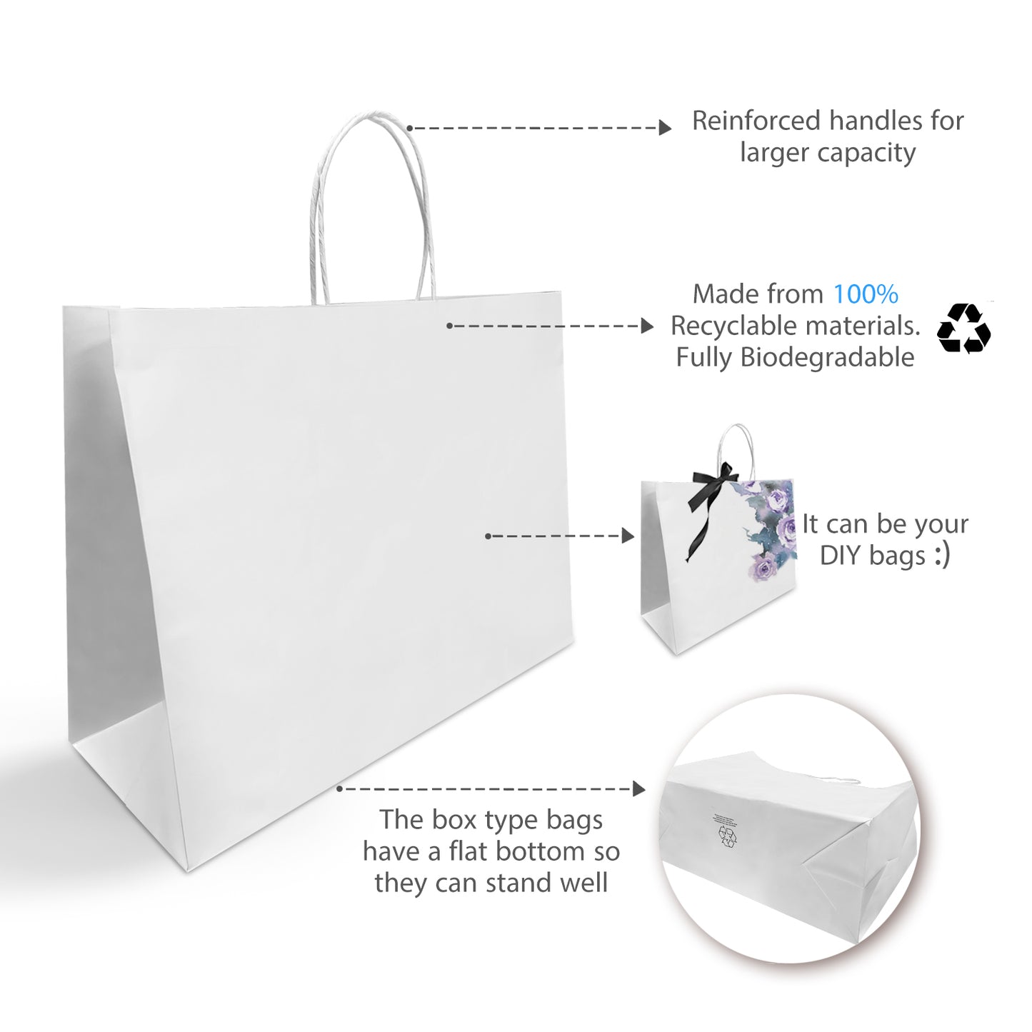 250 Pcs, Vogue, 16x6x12 inches, White Kraft Paper Bags, with Twisted Handle