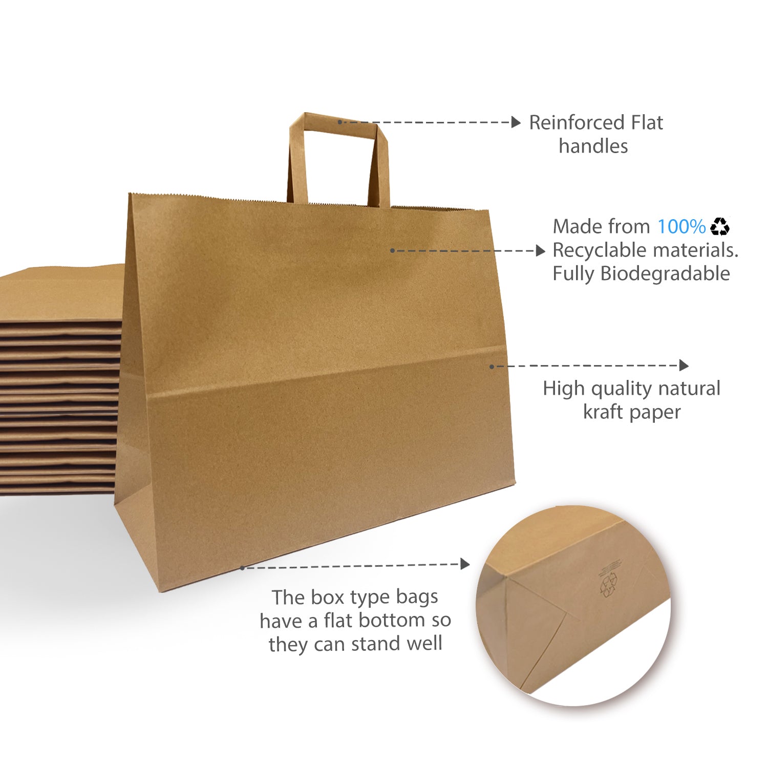 300 Pcs, Vogue, 16x6x12 inches, Kraft Paper Bags, with Flat Handles