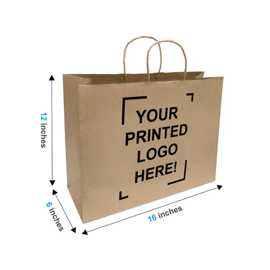 250 Pcs, Vogue, 16x6x12 inches, White Kraft Paper Bags, with Twisted Handle, Full Color Custom Print