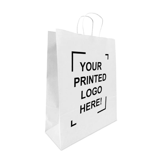 200 Pcs, Queen, 16x6x19.25 inches, White Kraft Paper Bags, with Twisted Handle, Full Color Custom Print