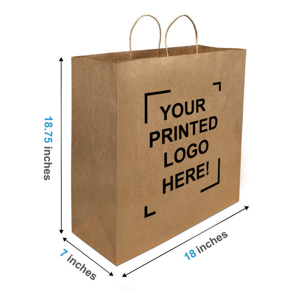 200 Pcs, Jumbo, 18x7x18.75 inches, Kraft Paper Bags, with Twisted Handle, Full Color Custom Print