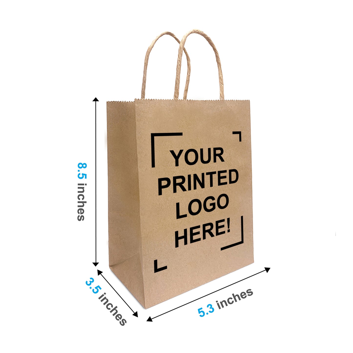 250 Pcs, Gem, 5.3x3.5x8.5 inches, Kraft Paper Bags, with Twisted Handle, Full Color Custom Print