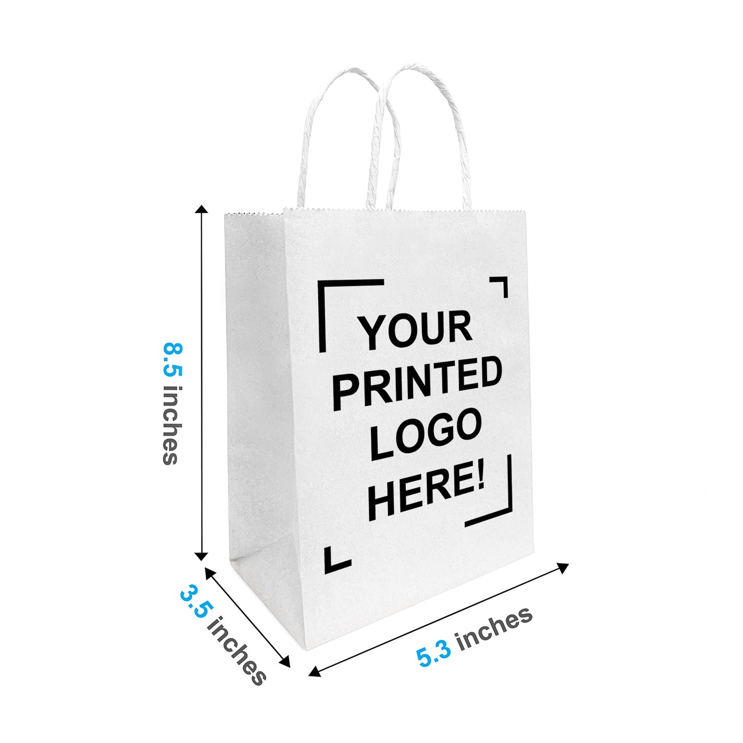 250 Pcs, Gem, 5.3x3.5x8.5 inches, White Kraft Paper Bags, with Twisted Handle, Full Color Custom Print