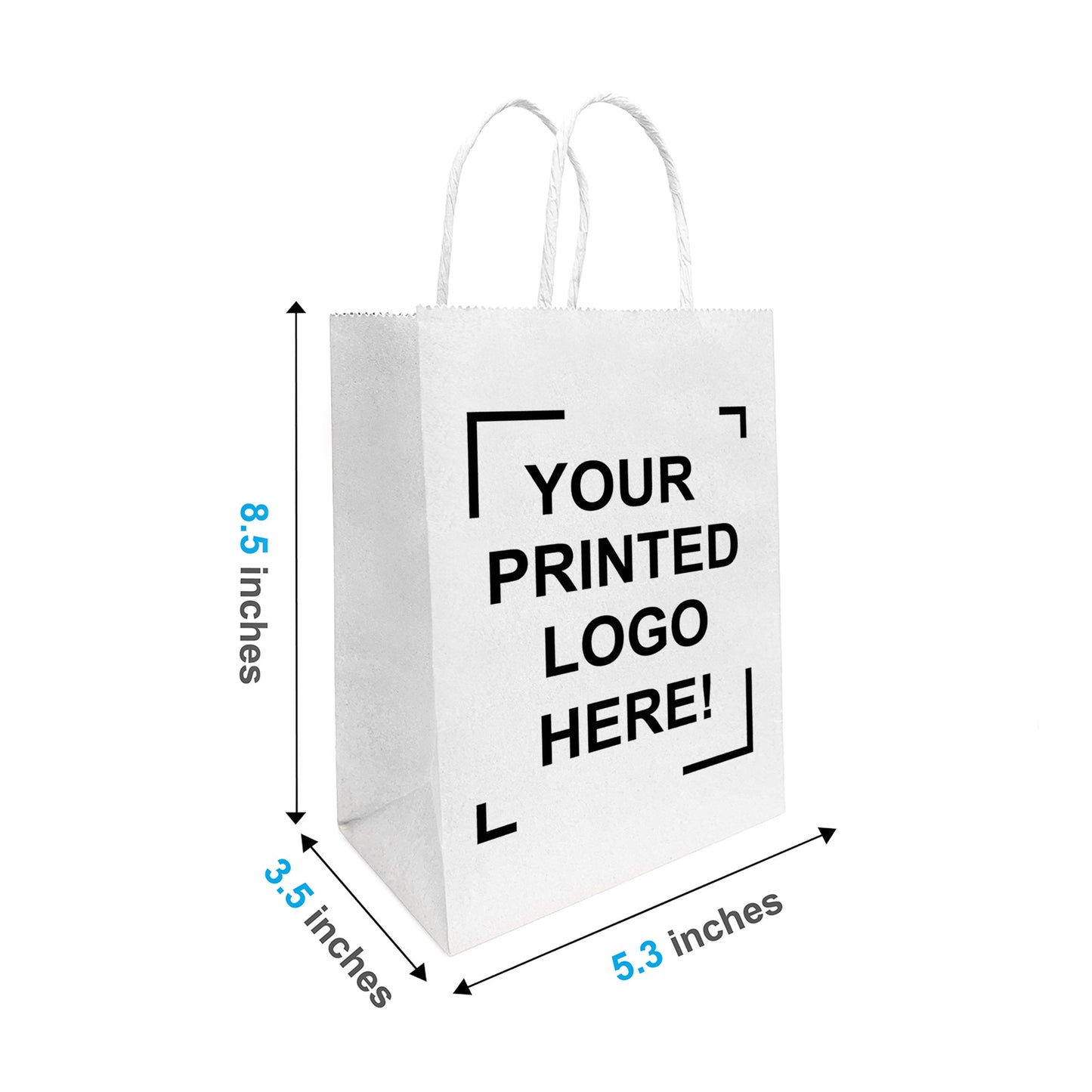 100 Pcs, Gem, 5.3x3.5x8.5 inches, White Kraft Paper Bags, with Twisted Handle, Full Color Custom Print