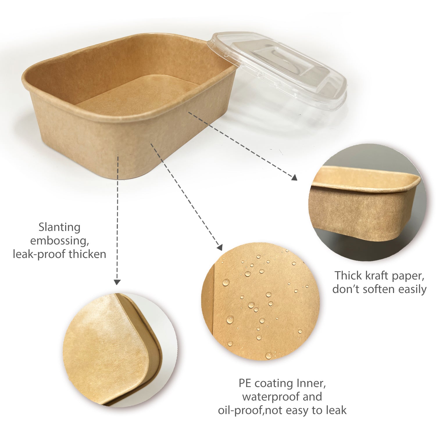 50 Sets/300 Sets, 22oz, 650ml, Kraft Paper Rectangle Containers, with PP Lids