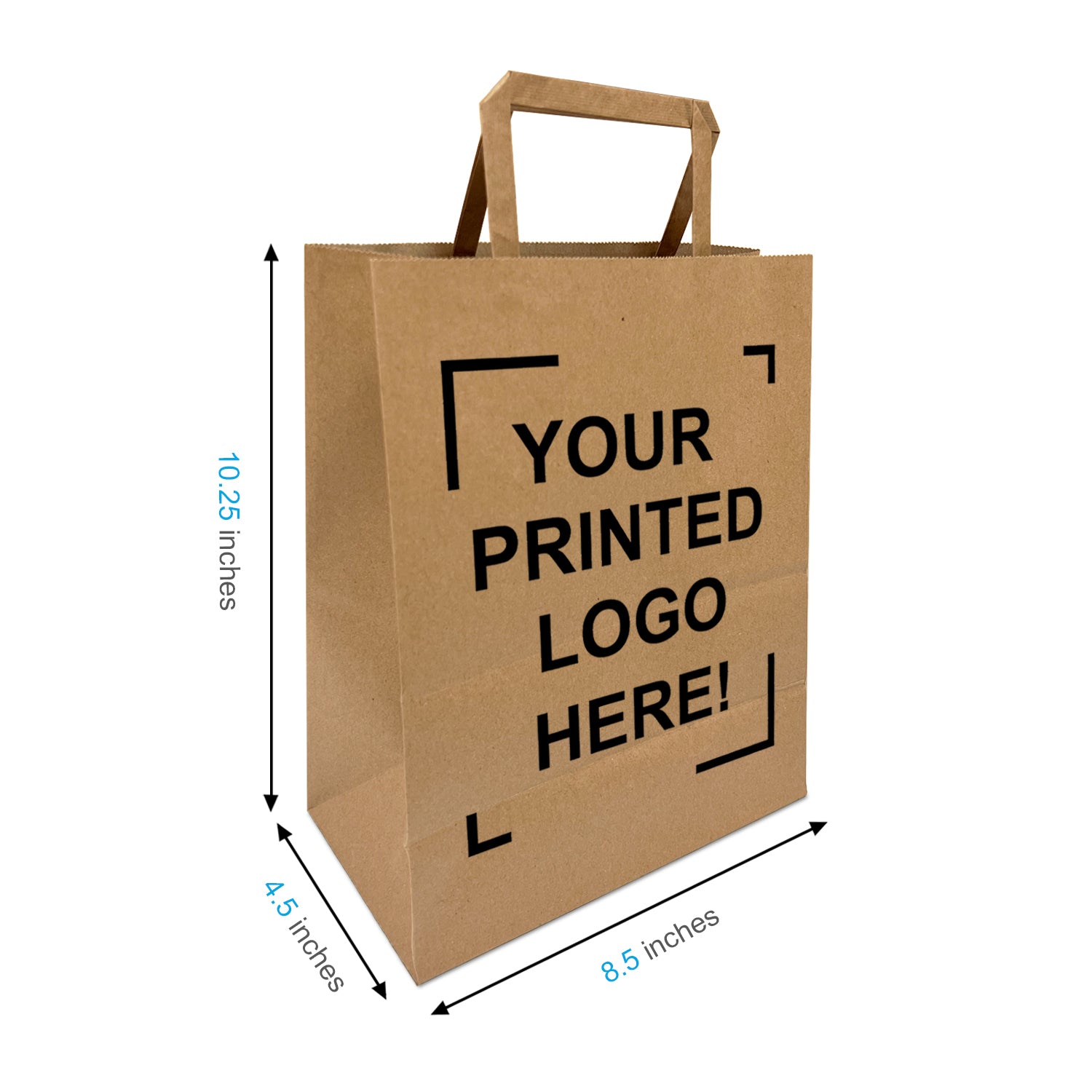 300 Pcs, Cub, 8.5x4.5x10.25 inches, Kraft Paper Bags, with Flat Handle, Full Color Custom Print