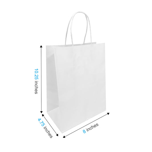250 Pcs, Cub, 8x4.75x10.25 inches, White Kraft Paper Bags, with Twisted Handle