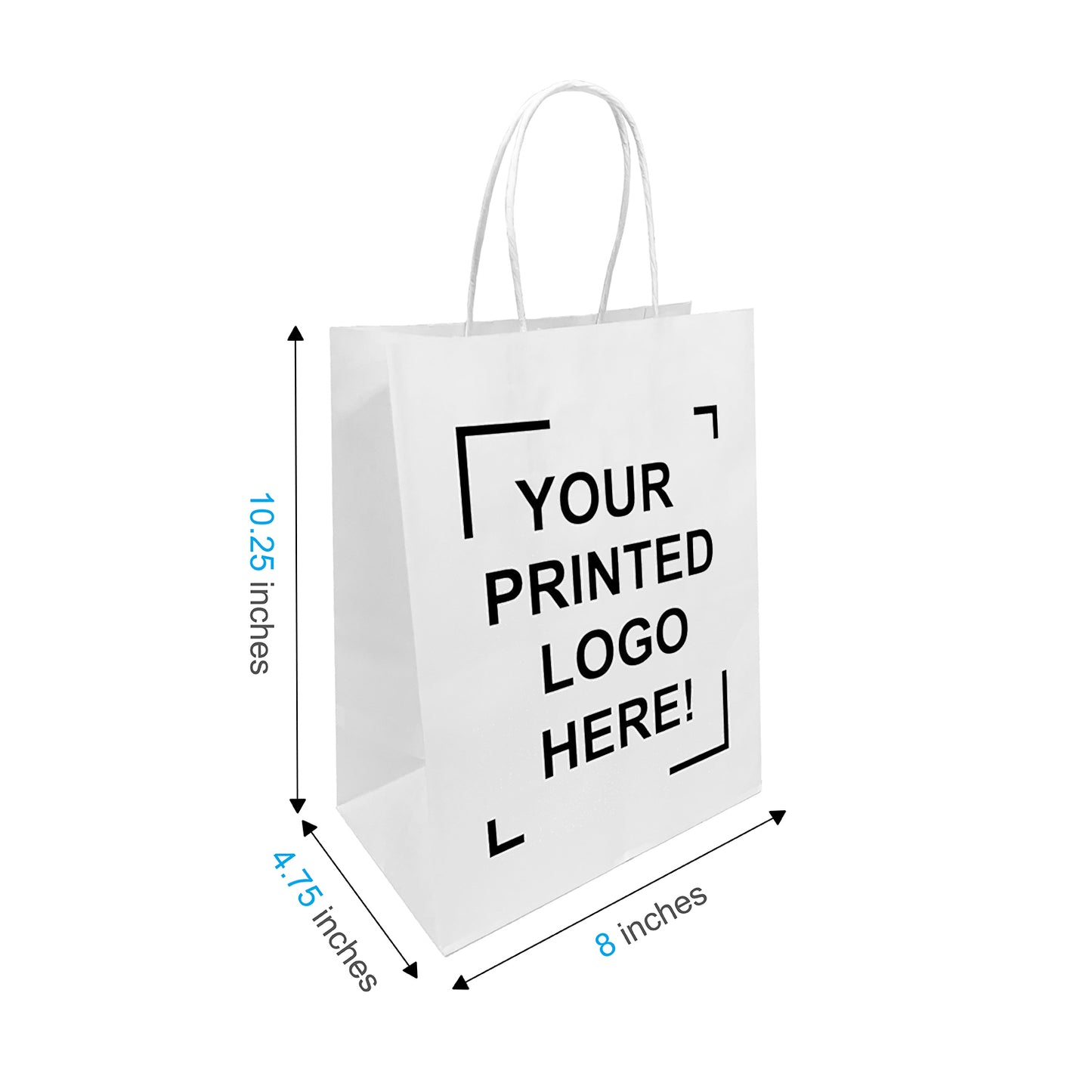 250 Pcs, Cub, 8x4.75x10.25 inches, White Kraft Paper Bags, with Twisted Handle, Full Color Custom Print