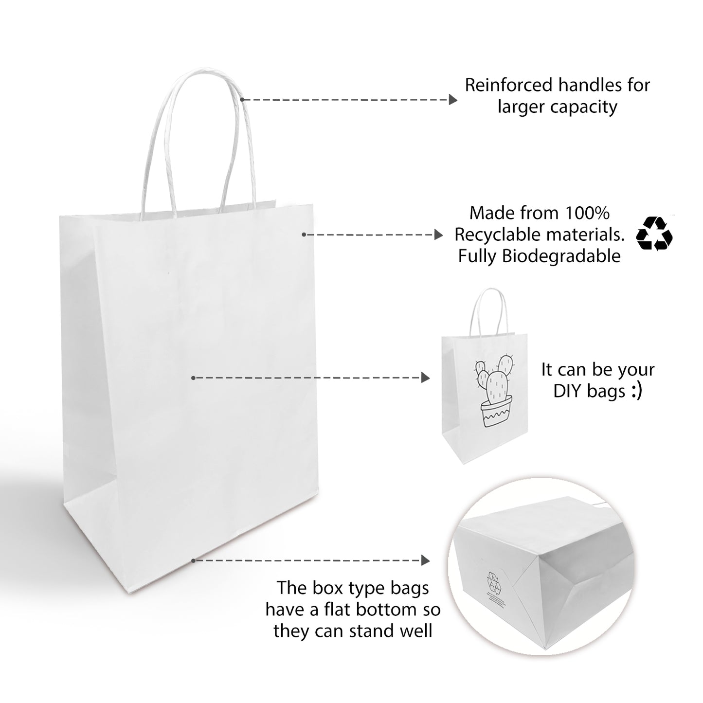 250 Pcs, Cub, 8x4.75x10.25 inches, White Kraft Paper Bags, with Twisted Handle