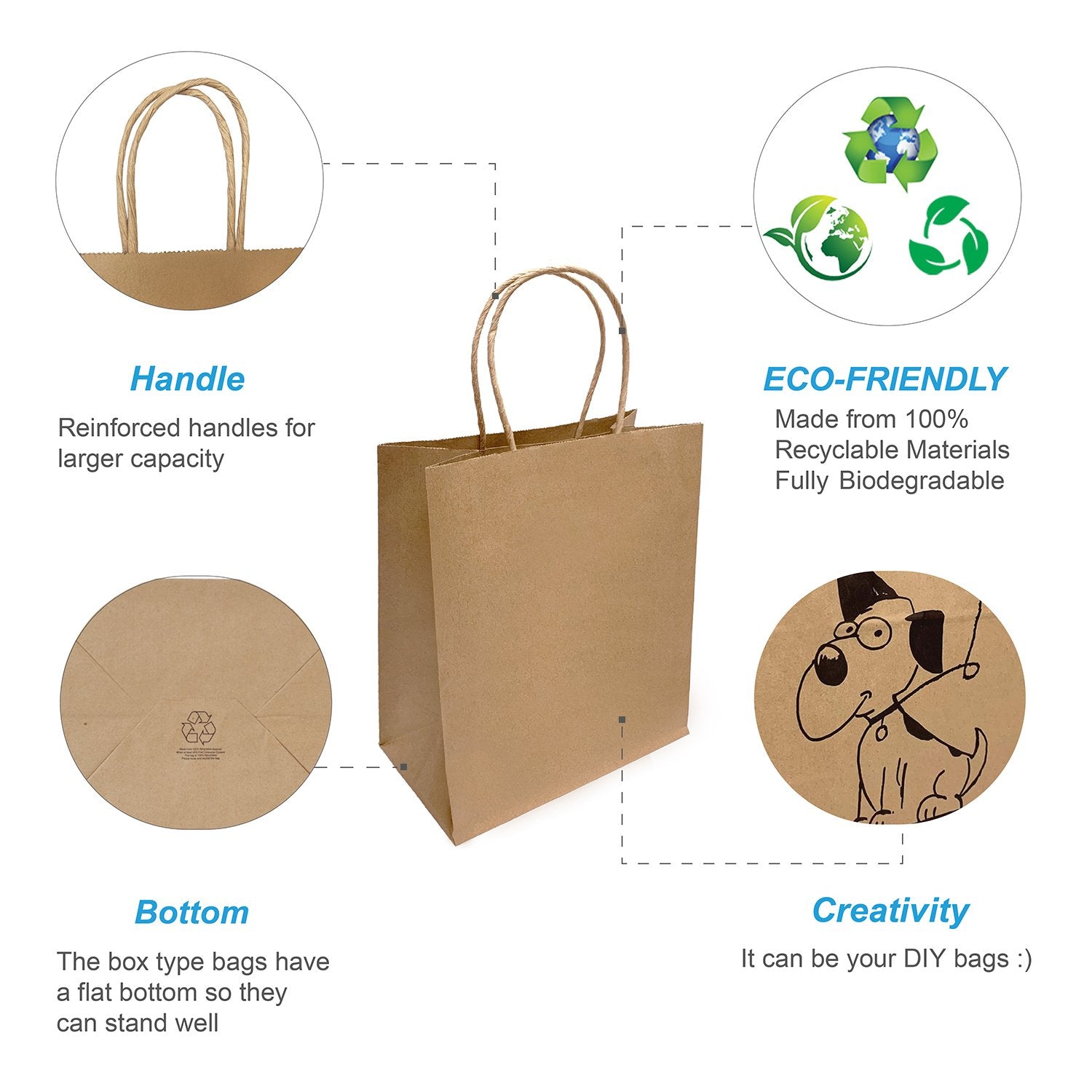 250 Pcs, Cub, 8x4.75x10.25 inches, Kraft Paper Bags, with Twisted Handle
