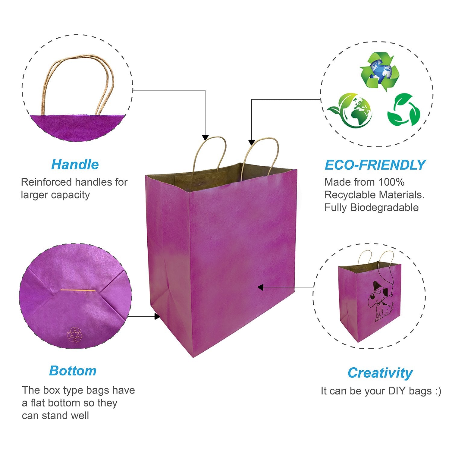 200 Pcs, Super Royal, 14x10x15.75 inches, Purple Kraft Paper Bags, with Twisted Handle
