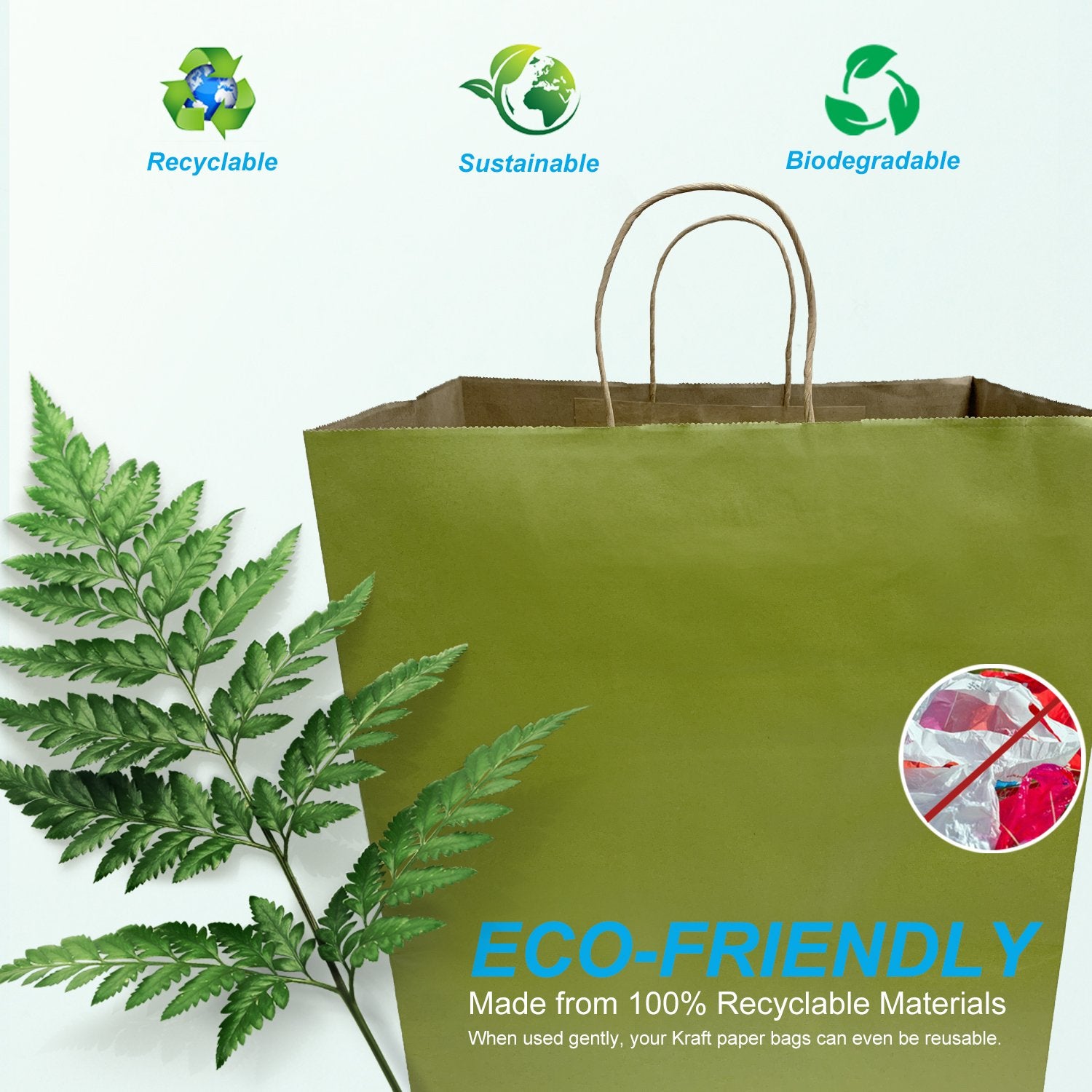 200 Pcs, Super Royal, 14x10x15.75 inches, Lime Kraft Paper Bags, with Twisted Handle