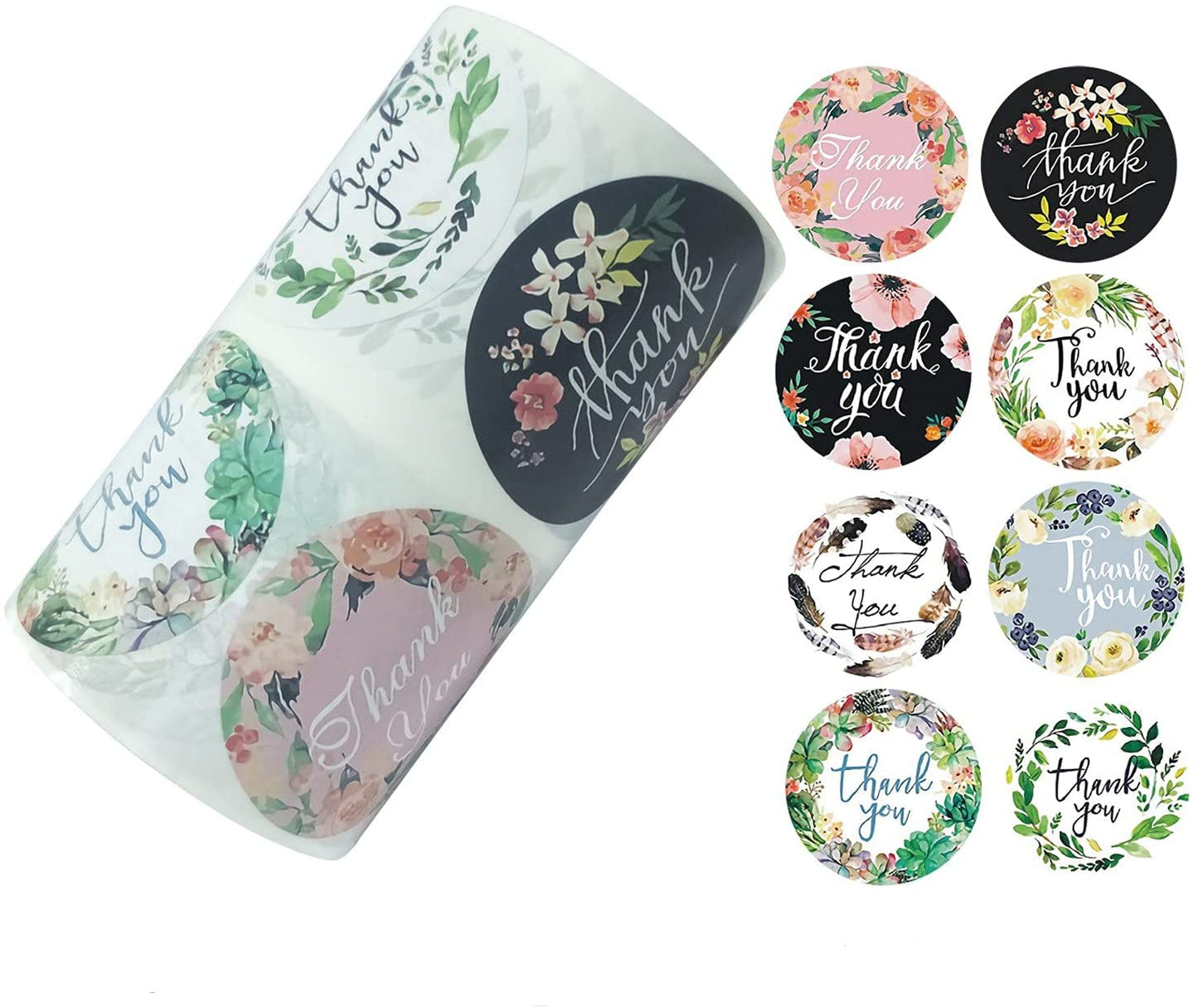 500 Pcs, 2 inches, 8 Designs, Plants and Floral, Round Label, Thank You Sticker