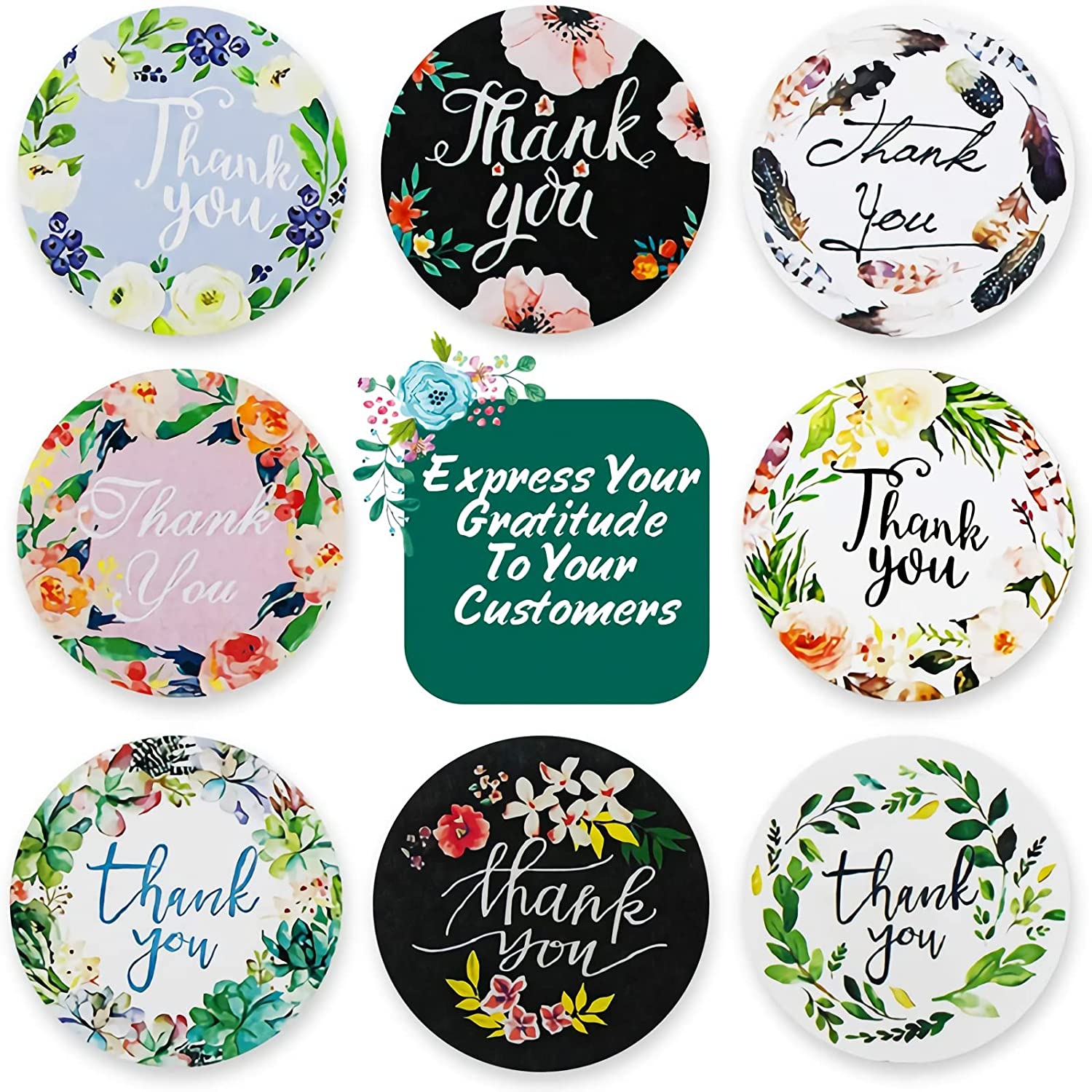 500 Pcs, 2 inches, 8 Designs, Plants and Floral, Round Label, Thank You Sticker